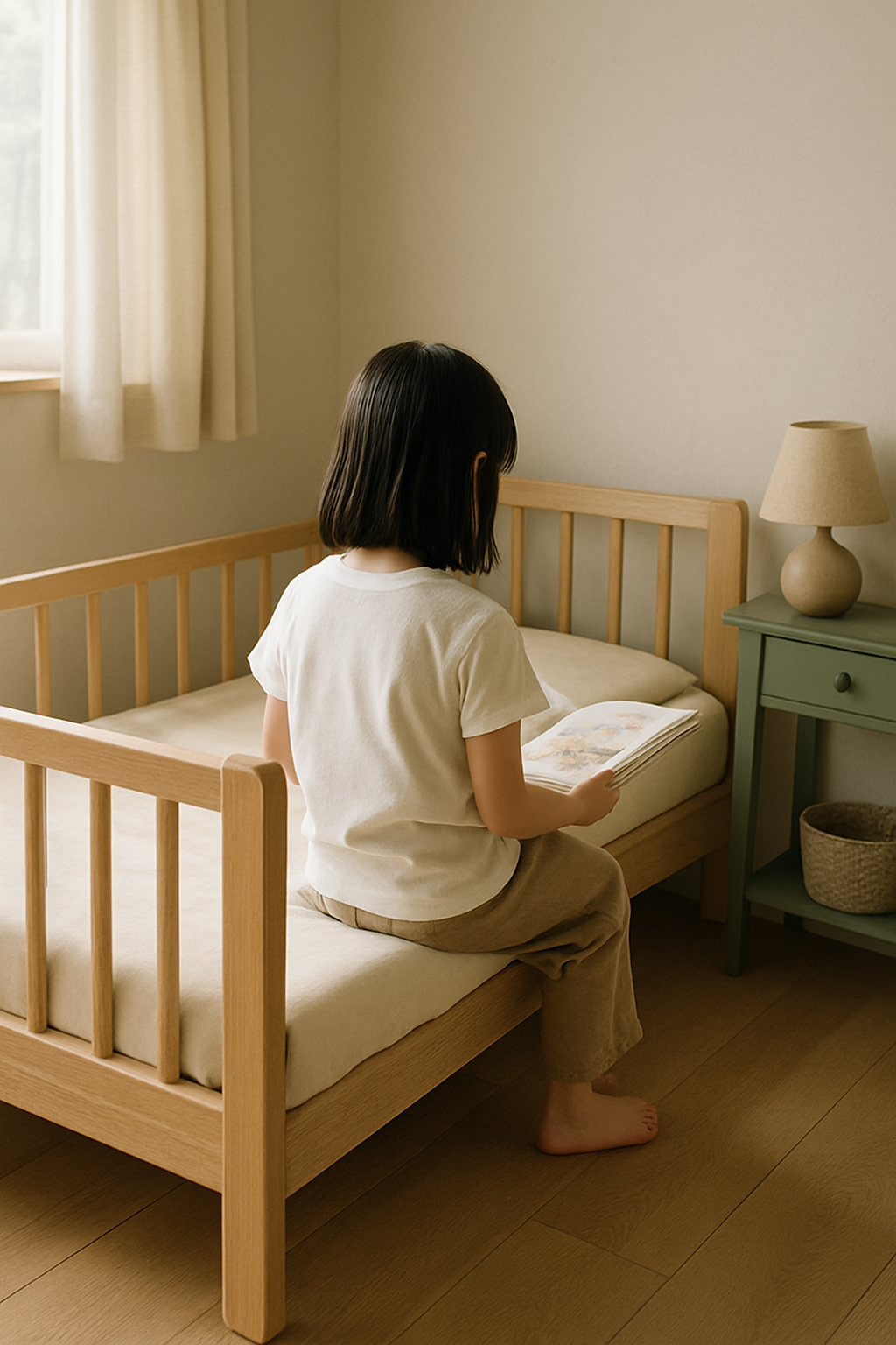 ジュニアベッドに腰かけて絵本を読む子ども
