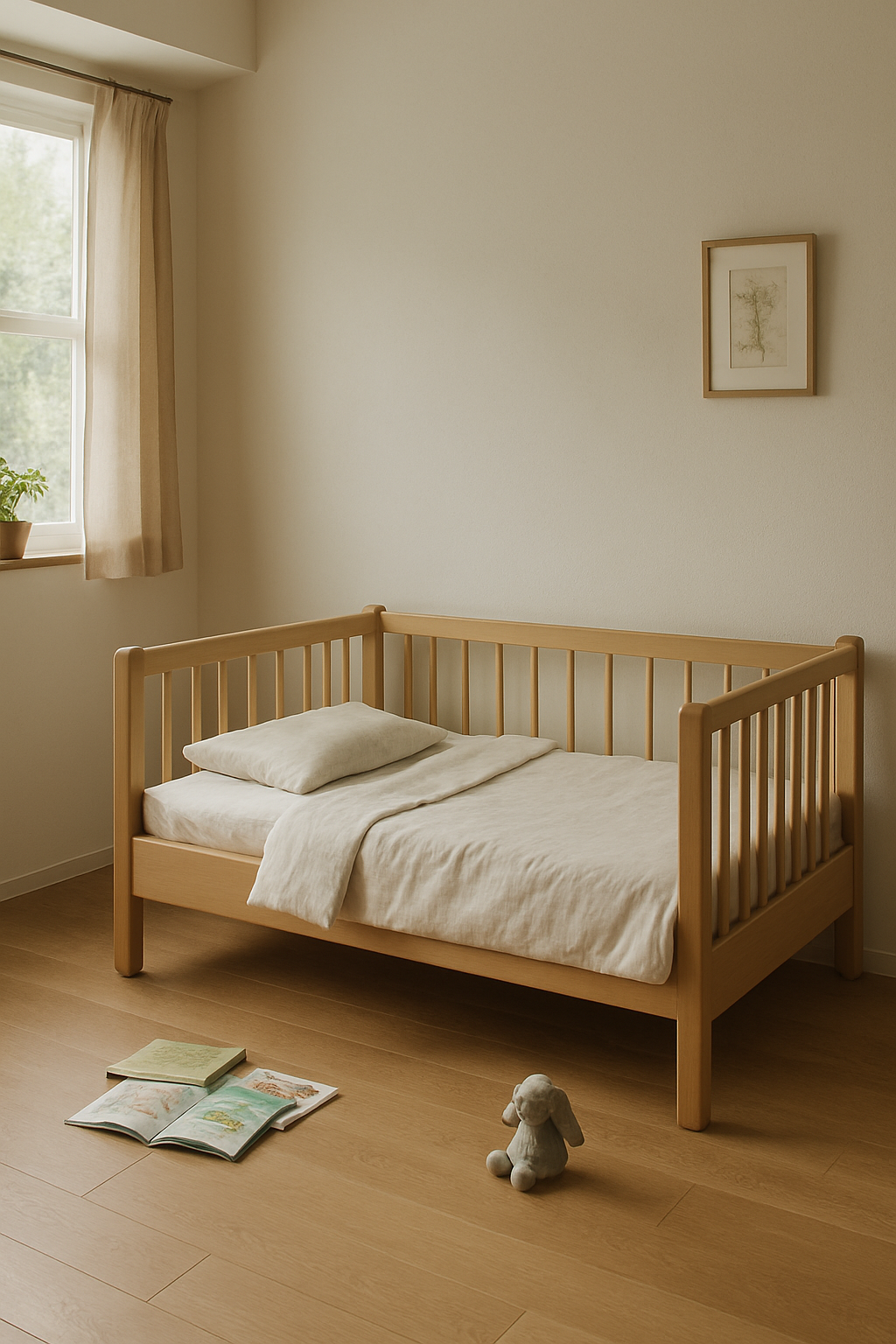 子ども部屋でジュニアベッドに座る子ども