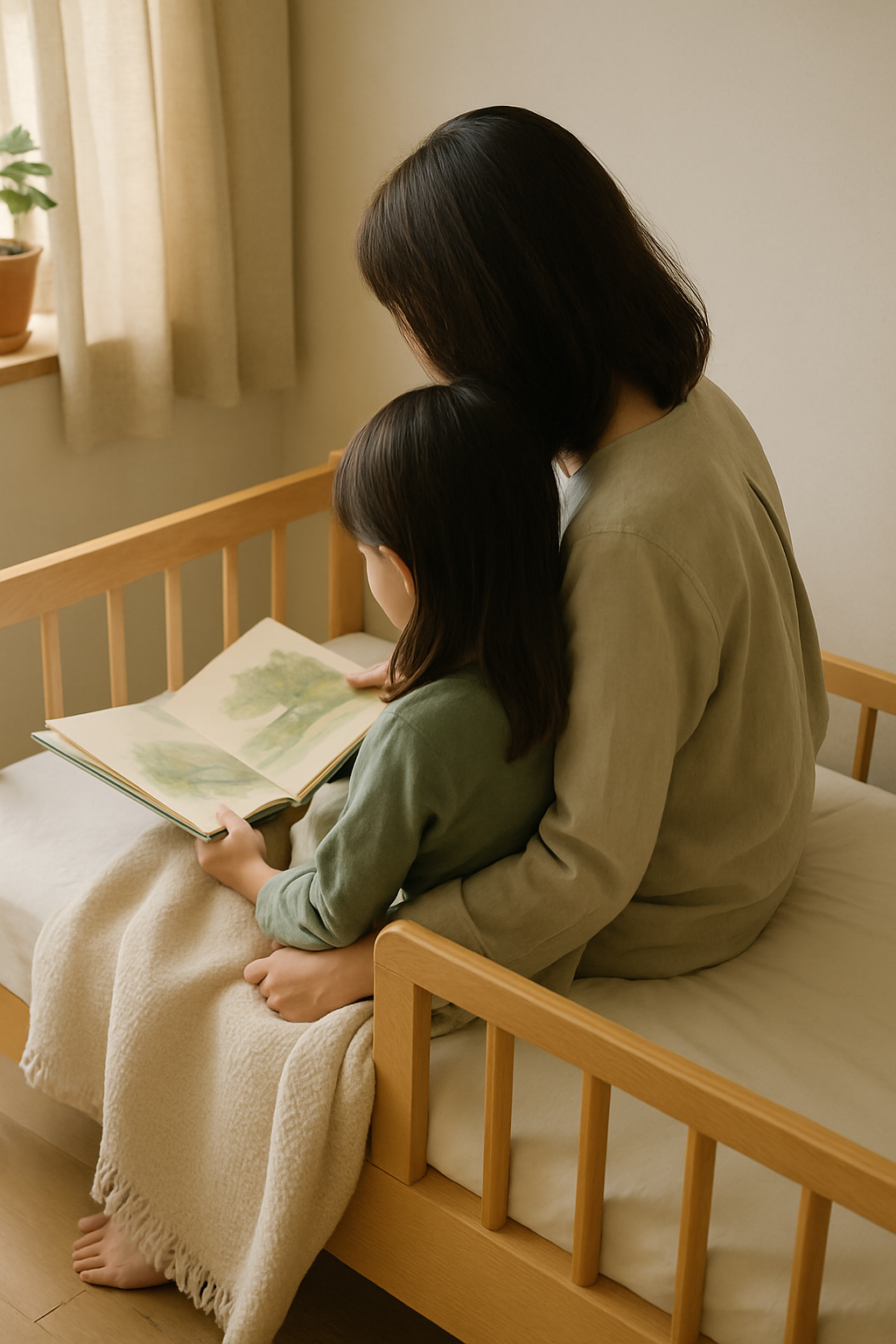 ジュニアベッドの上で絵本を読む親子