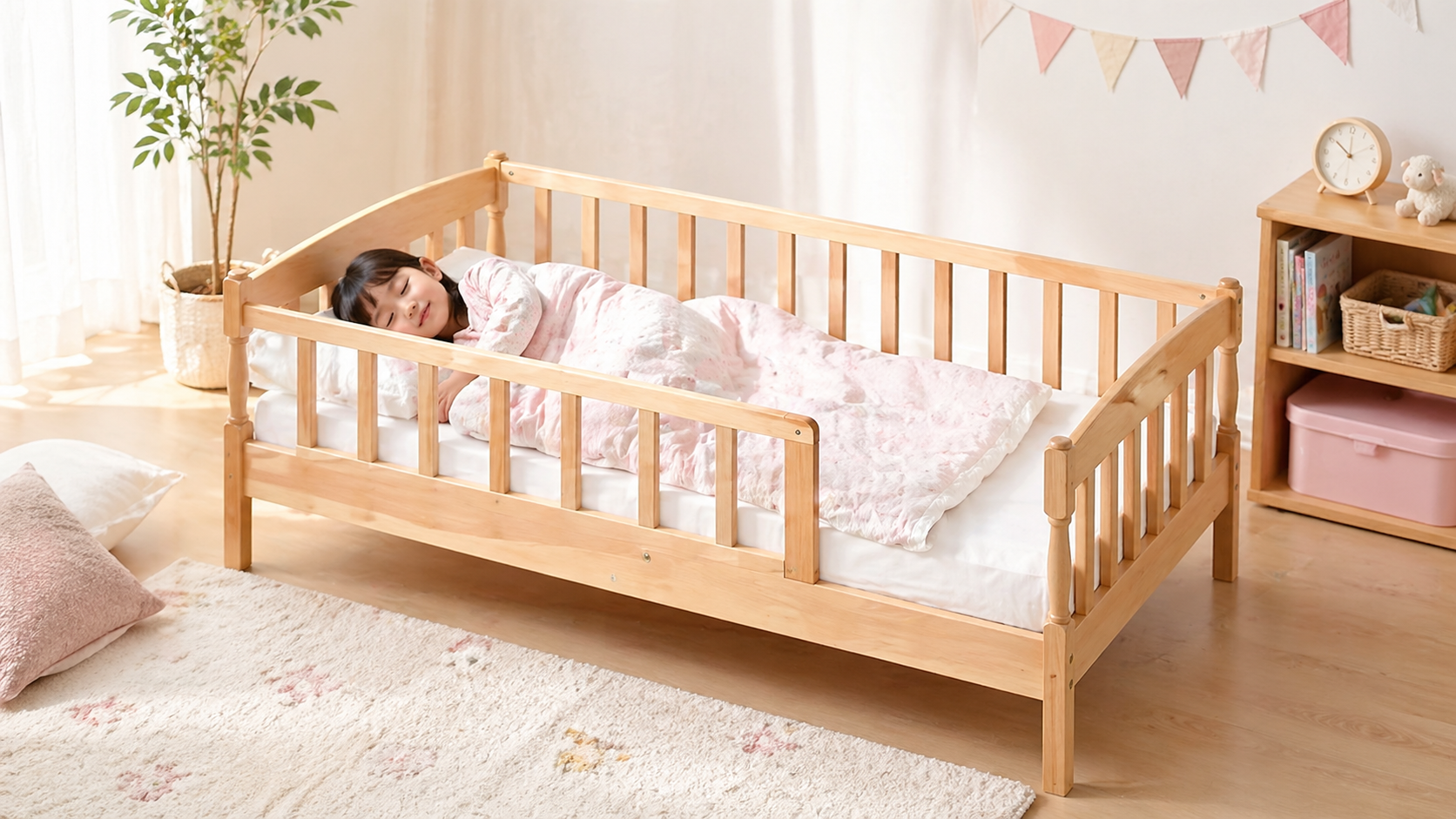 ナチュラルな子ども部屋でジュニアベッドのそばに立つ親子