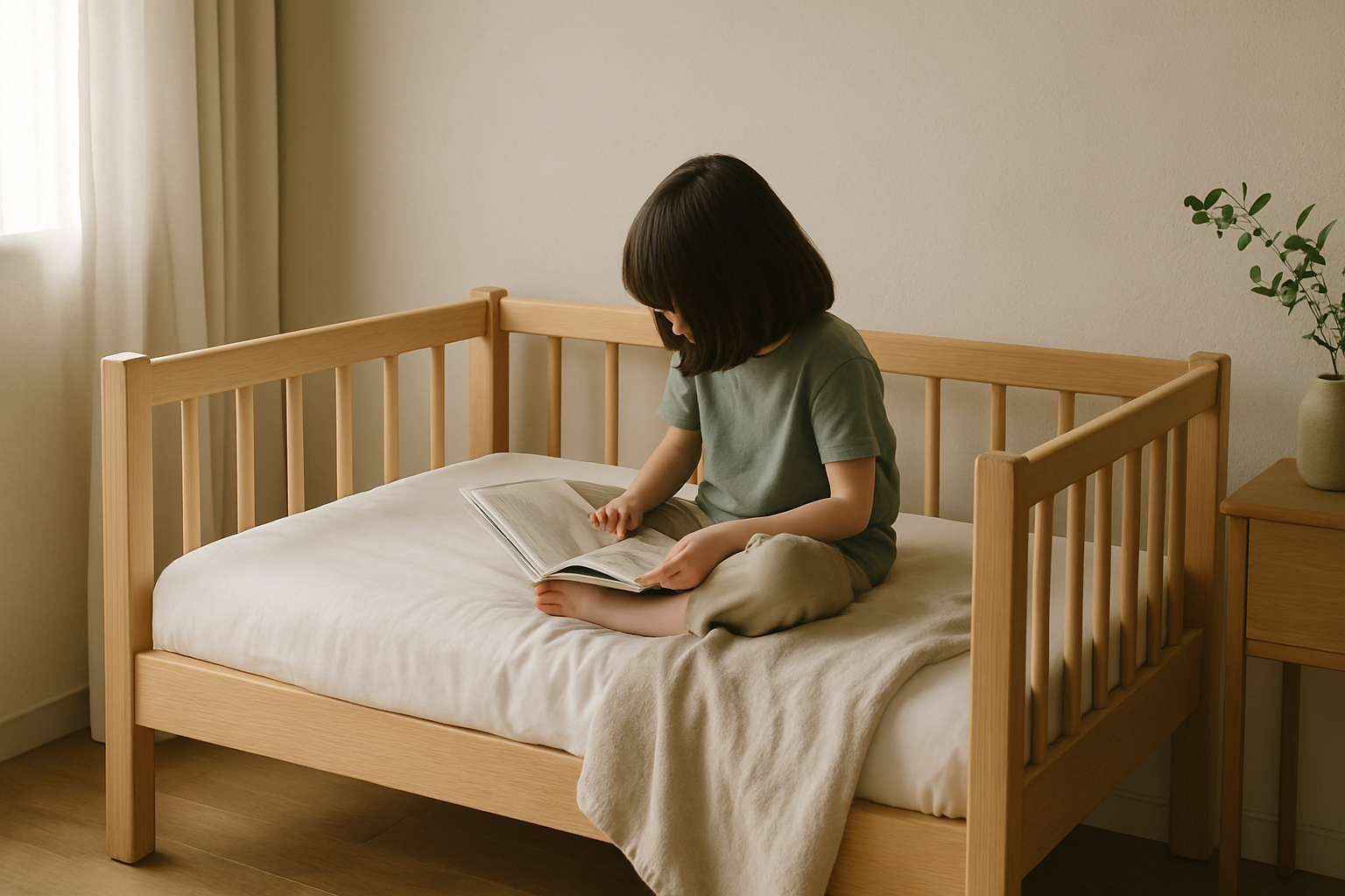 ジュニアベッドに座って本を読む子ども